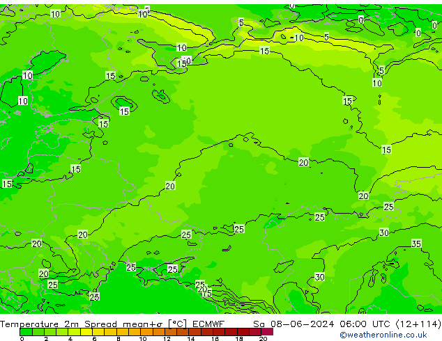 Temperature 2m Spread ECMWF Sa 08.06.2024 06 UTC