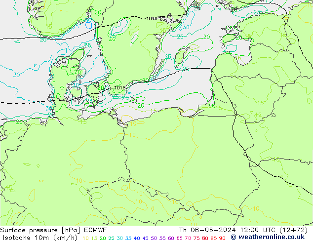 Isotachs (kph) ECMWF Qui 06.06.2024 12 UTC