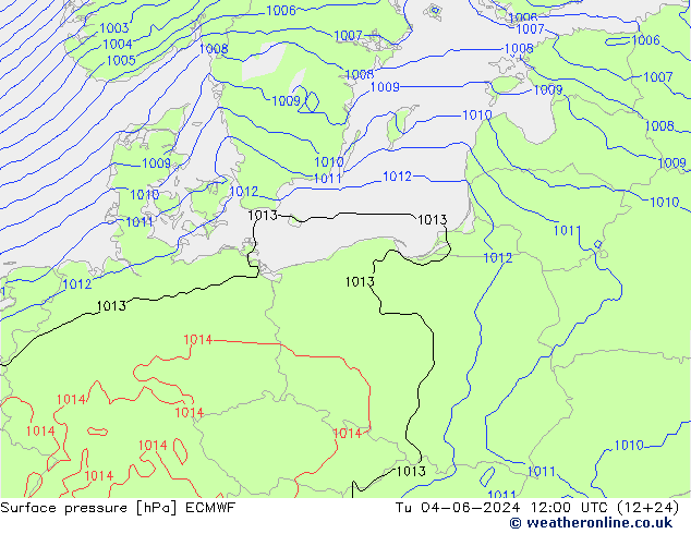 Surface pressure ECMWF Tu 04.06.2024 12 UTC