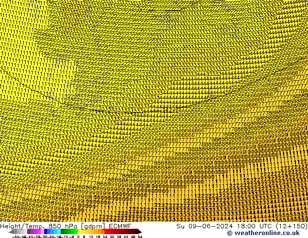 Geop./Temp. 850 hPa ECMWF dom 09.06.2024 18 UTC