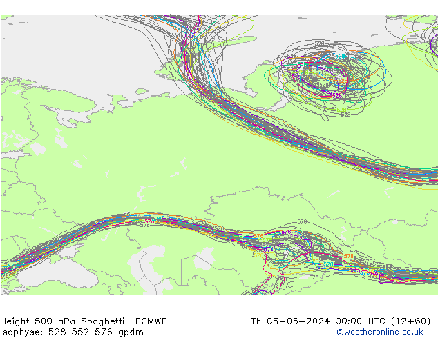 Height 500 hPa Spaghetti ECMWF Čt 06.06.2024 00 UTC