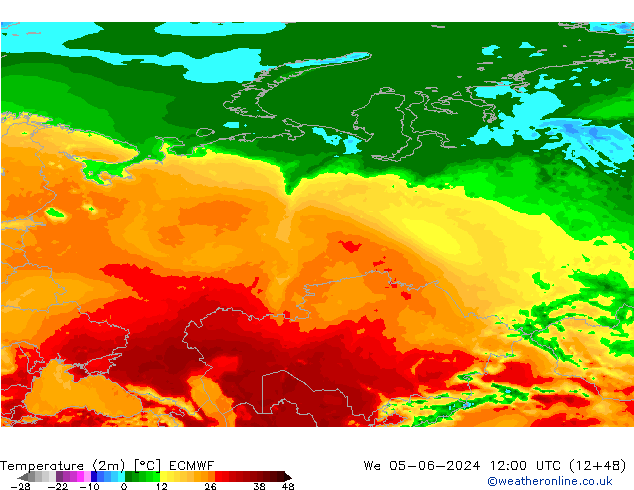 Temperatuurkaart (2m) ECMWF wo 05.06.2024 12 UTC