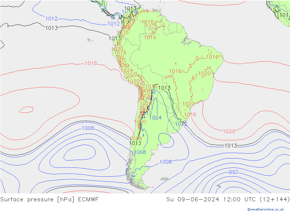 Presión superficial ECMWF dom 09.06.2024 12 UTC