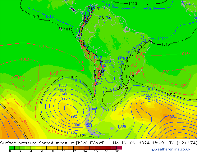 Luchtdruk op zeeniveau Spread ECMWF ma 10.06.2024 18 UTC