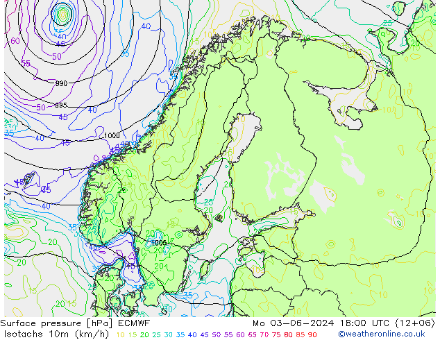 10米等风速线 (kph) ECMWF 星期一 03.06.2024 18 UTC