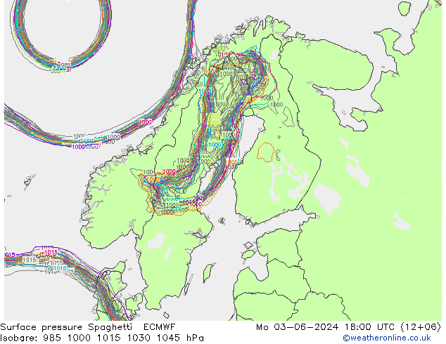 pressão do solo Spaghetti ECMWF Seg 03.06.2024 18 UTC