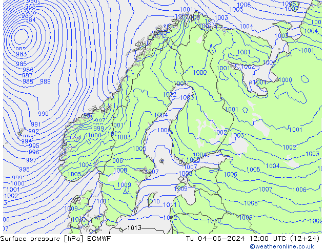 Surface pressure ECMWF Tu 04.06.2024 12 UTC