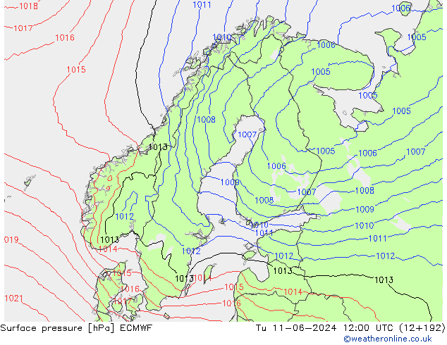 Surface pressure ECMWF Tu 11.06.2024 12 UTC