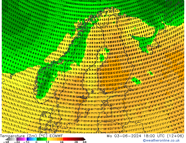 Temperatura (2m) ECMWF Seg 03.06.2024 18 UTC