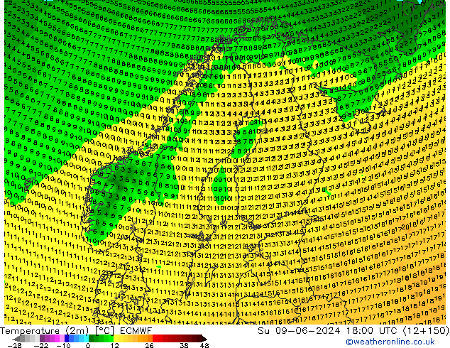 Sıcaklık Haritası (2m) ECMWF Paz 09.06.2024 18 UTC