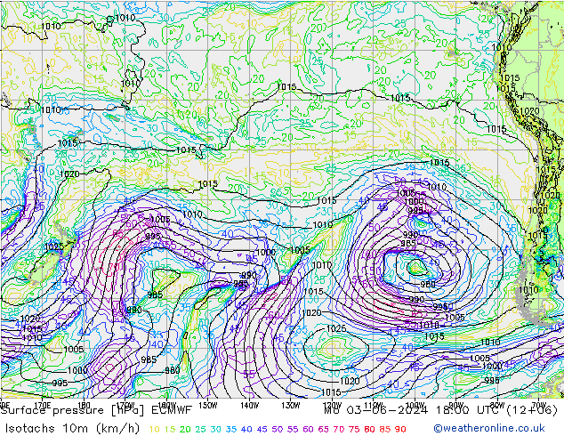 Isotachs (kph) ECMWF Mo 03.06.2024 18 UTC