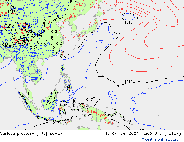Surface pressure ECMWF Tu 04.06.2024 12 UTC