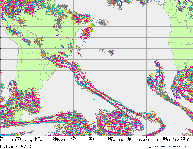 RH 700 гПа Spaghetti ECMWF вт 04.06.2024 06 UTC