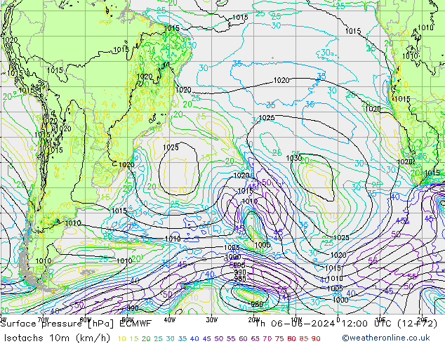 Isotachs (kph) ECMWF gio 06.06.2024 12 UTC