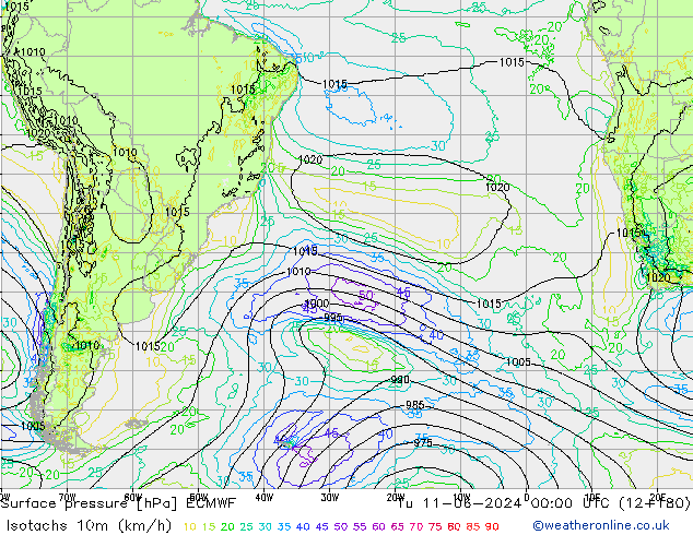 Isotachs (kph) ECMWF Tu 11.06.2024 00 UTC