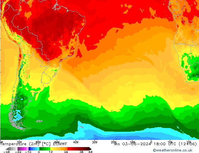 Temperature (2m) ECMWF Mo 03.06.2024 18 UTC