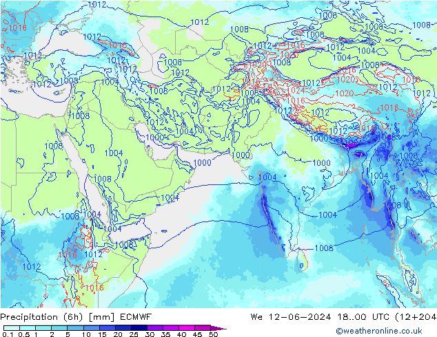 Totale neerslag (6h) ECMWF wo 12.06.2024 00 UTC