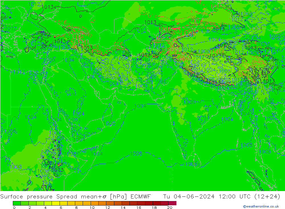 地面气压 Spread ECMWF 星期二 04.06.2024 12 UTC