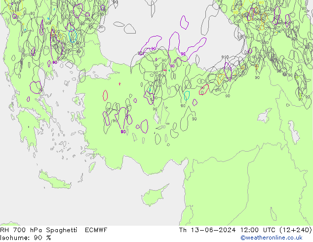 RH 700 hPa Spaghetti ECMWF czw. 13.06.2024 12 UTC