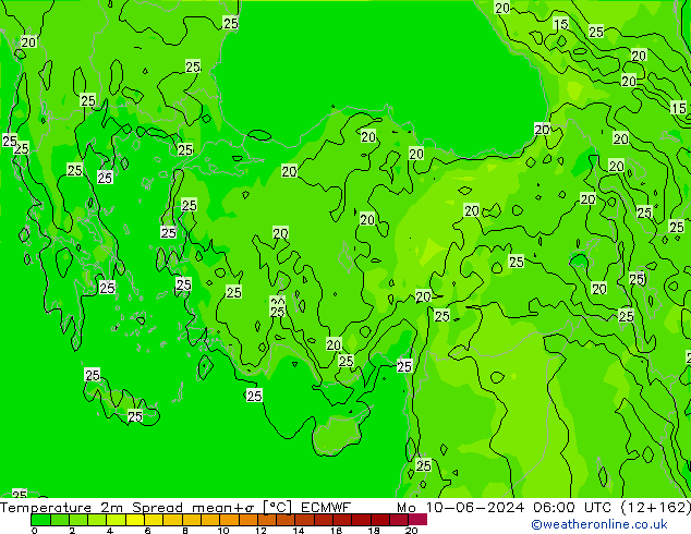 Temperature 2m Spread ECMWF Po 10.06.2024 06 UTC