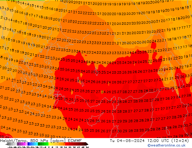 Height/Temp. 850 hPa ECMWF Tu 04.06.2024 12 UTC