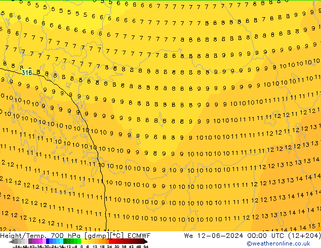 Height/Temp. 700 hPa ECMWF Qua 12.06.2024 00 UTC