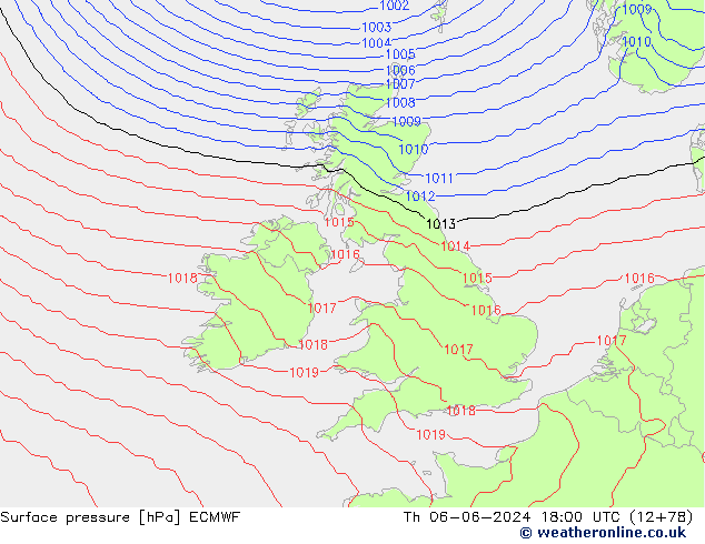 Surface pressure ECMWF Th 06.06.2024 18 UTC