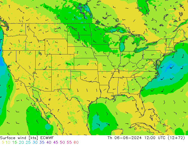 Surface wind ECMWF Čt 06.06.2024 12 UTC