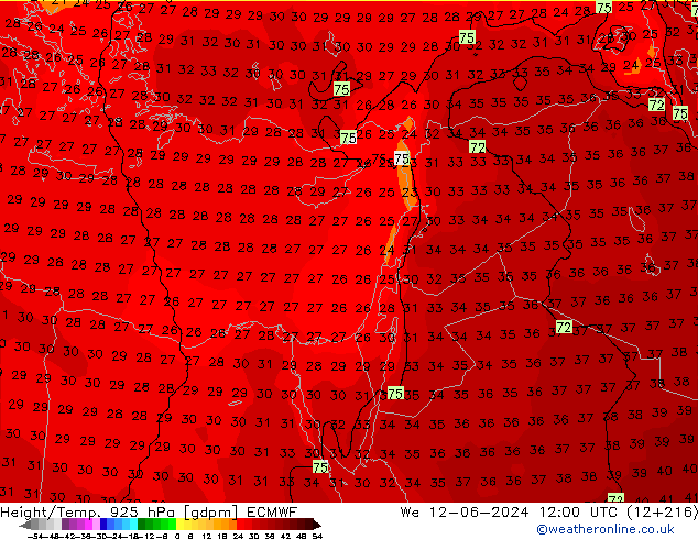 Géop./Temp. 925 hPa ECMWF mer 12.06.2024 12 UTC