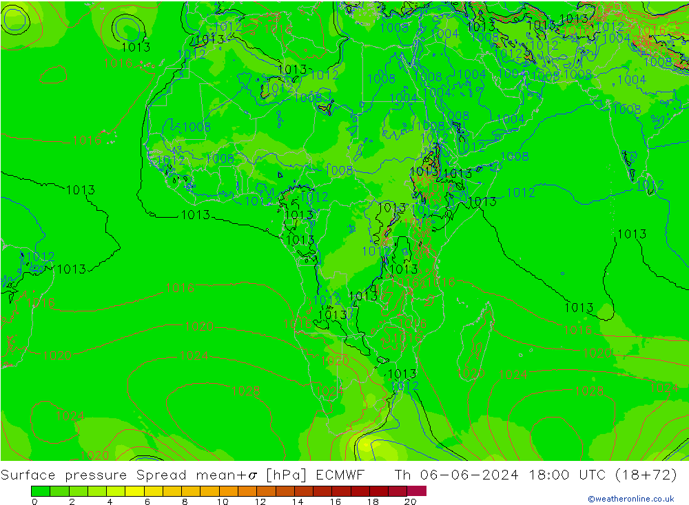 Presión superficial Spread ECMWF jue 06.06.2024 18 UTC