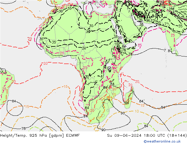 Yükseklik/Sıc. 925 hPa ECMWF Paz 09.06.2024 18 UTC