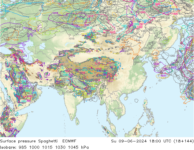 Luchtdruk op zeeniveau Spaghetti ECMWF zo 09.06.2024 18 UTC