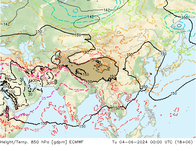 Height/Temp. 850 гПа ECMWF вт 04.06.2024 00 UTC