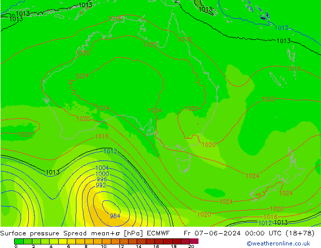 Luchtdruk op zeeniveau Spread ECMWF vr 07.06.2024 00 UTC