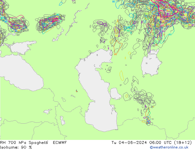 RH 700 hPa Spaghetti ECMWF Út 04.06.2024 06 UTC