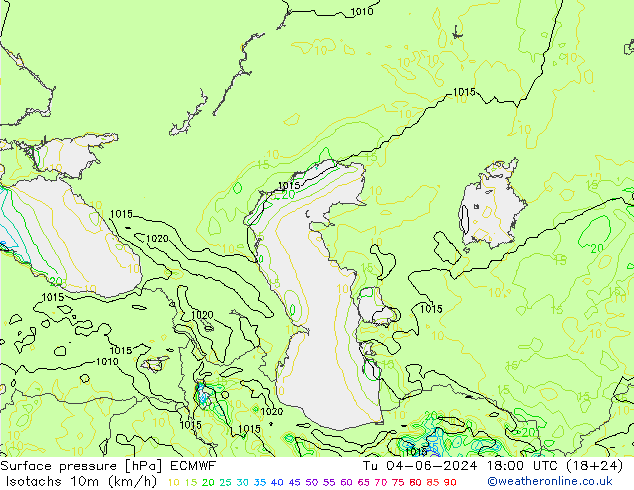 Isotachs (kph) ECMWF Út 04.06.2024 18 UTC