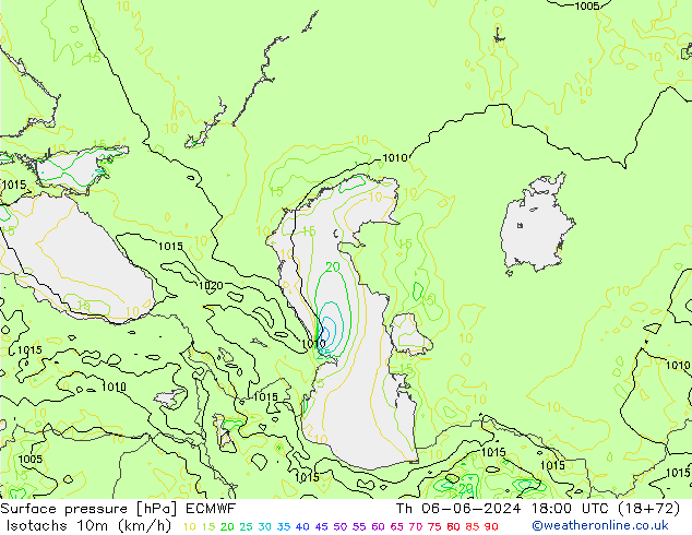 Isotachs (kph) ECMWF Th 06.06.2024 18 UTC