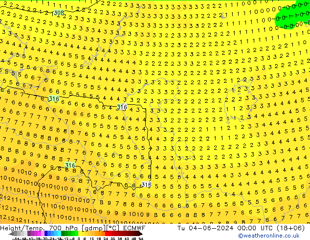 Yükseklik/Sıc. 700 hPa ECMWF Sa 04.06.2024 00 UTC