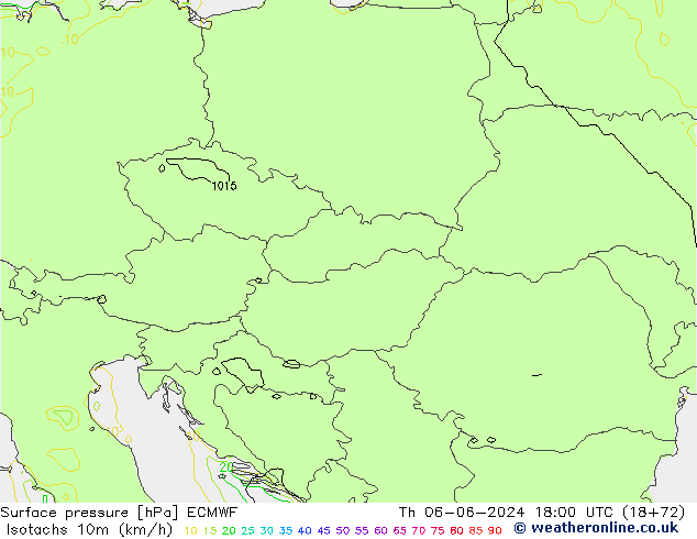 Isotachs (kph) ECMWF Čt 06.06.2024 18 UTC