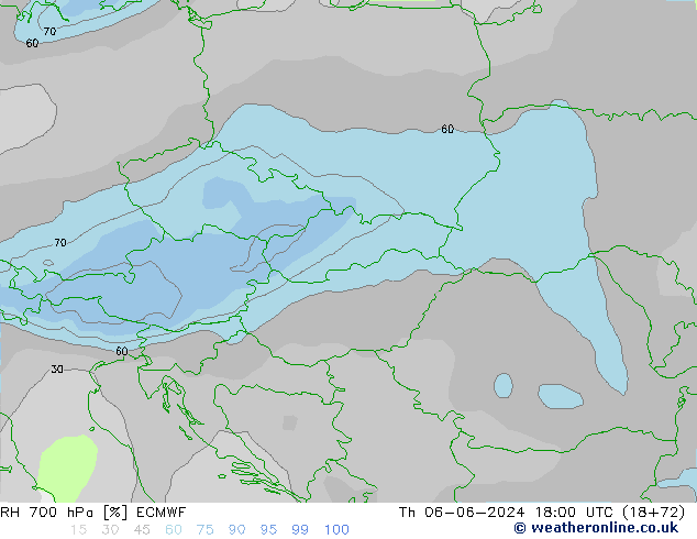 RH 700 hPa ECMWF Th 06.06.2024 18 UTC