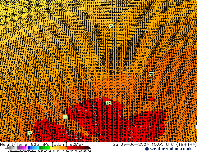 Height/Temp. 925 hPa ECMWF dom 09.06.2024 18 UTC