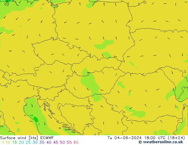 Surface wind ECMWF Út 04.06.2024 18 UTC