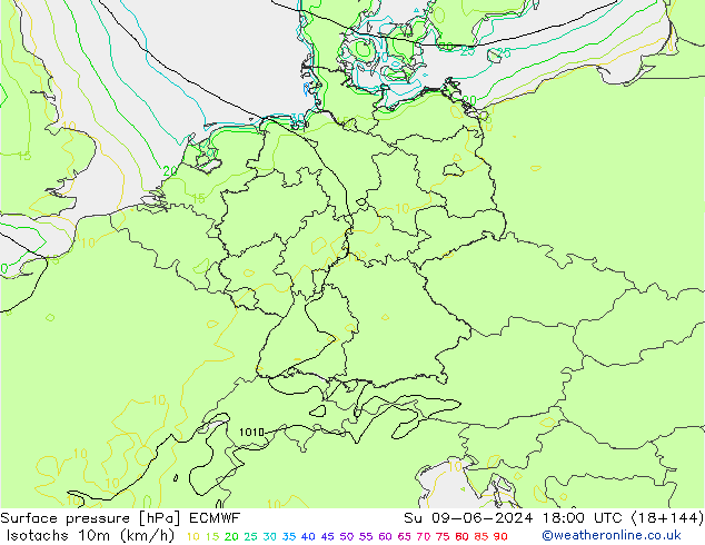 Isotachen (km/h) ECMWF So 09.06.2024 18 UTC