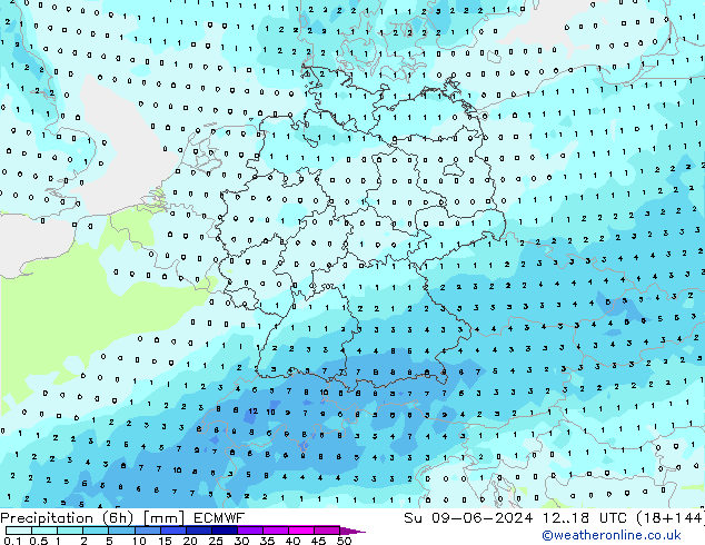 Nied. akkumuliert (6Std) ECMWF So 09.06.2024 18 UTC