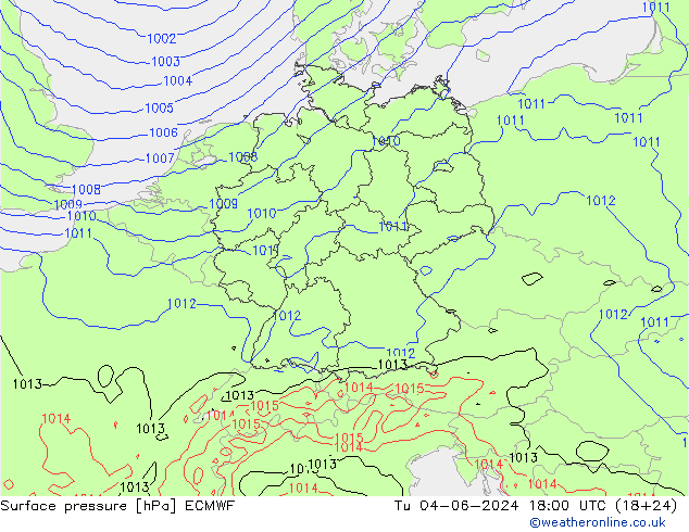 Atmosférický tlak ECMWF Út 04.06.2024 18 UTC