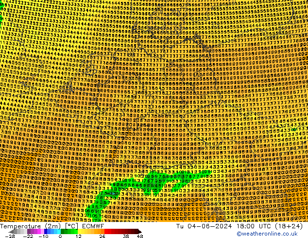 Temperature (2m) ECMWF Tu 04.06.2024 18 UTC