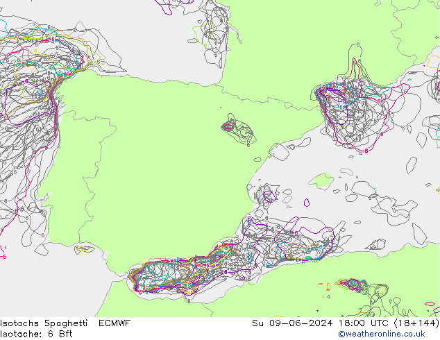 Isotachen Spaghetti ECMWF zo 09.06.2024 18 UTC