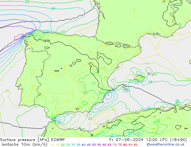 Isotachen (km/h) ECMWF vr 07.06.2024 12 UTC