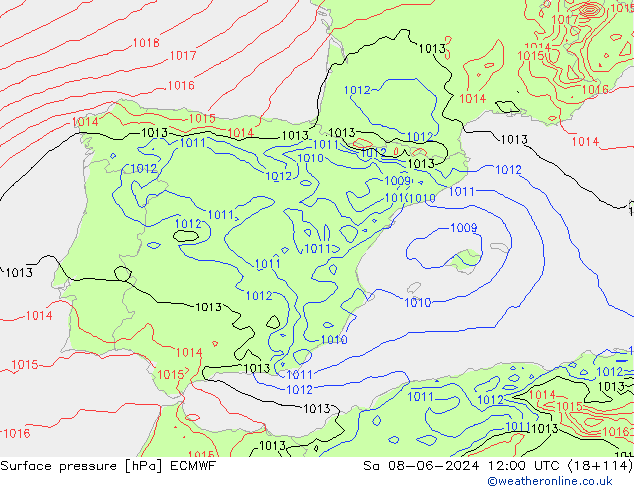 Presión superficial ECMWF sáb 08.06.2024 12 UTC