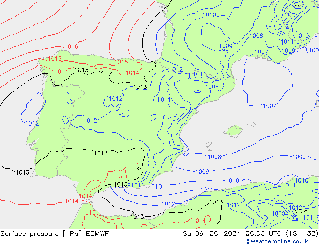 Atmosférický tlak ECMWF Ne 09.06.2024 06 UTC